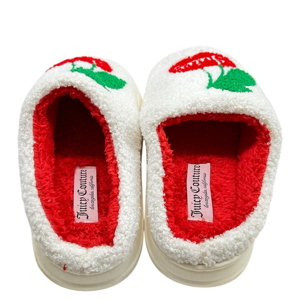 Juicy Couture White Plush Cherry Slip-On Slippers with Red Lining - Picture 5 of 8